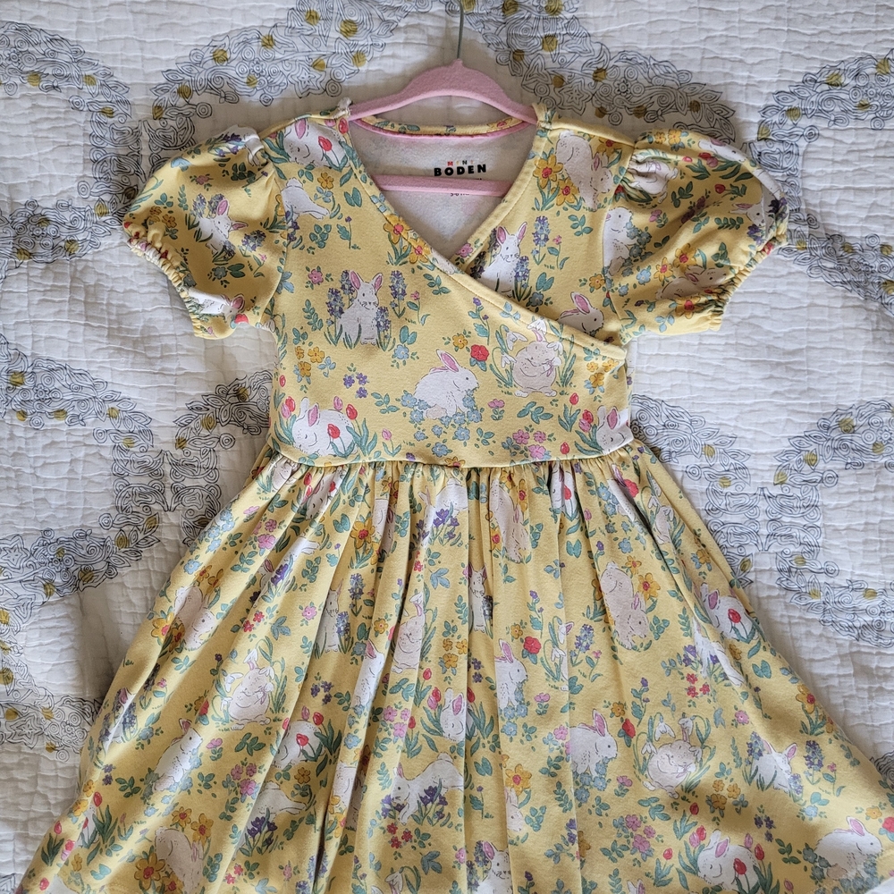 Mini Boden Yellow Bunny & Floral Wrap-Front Kids Dress
